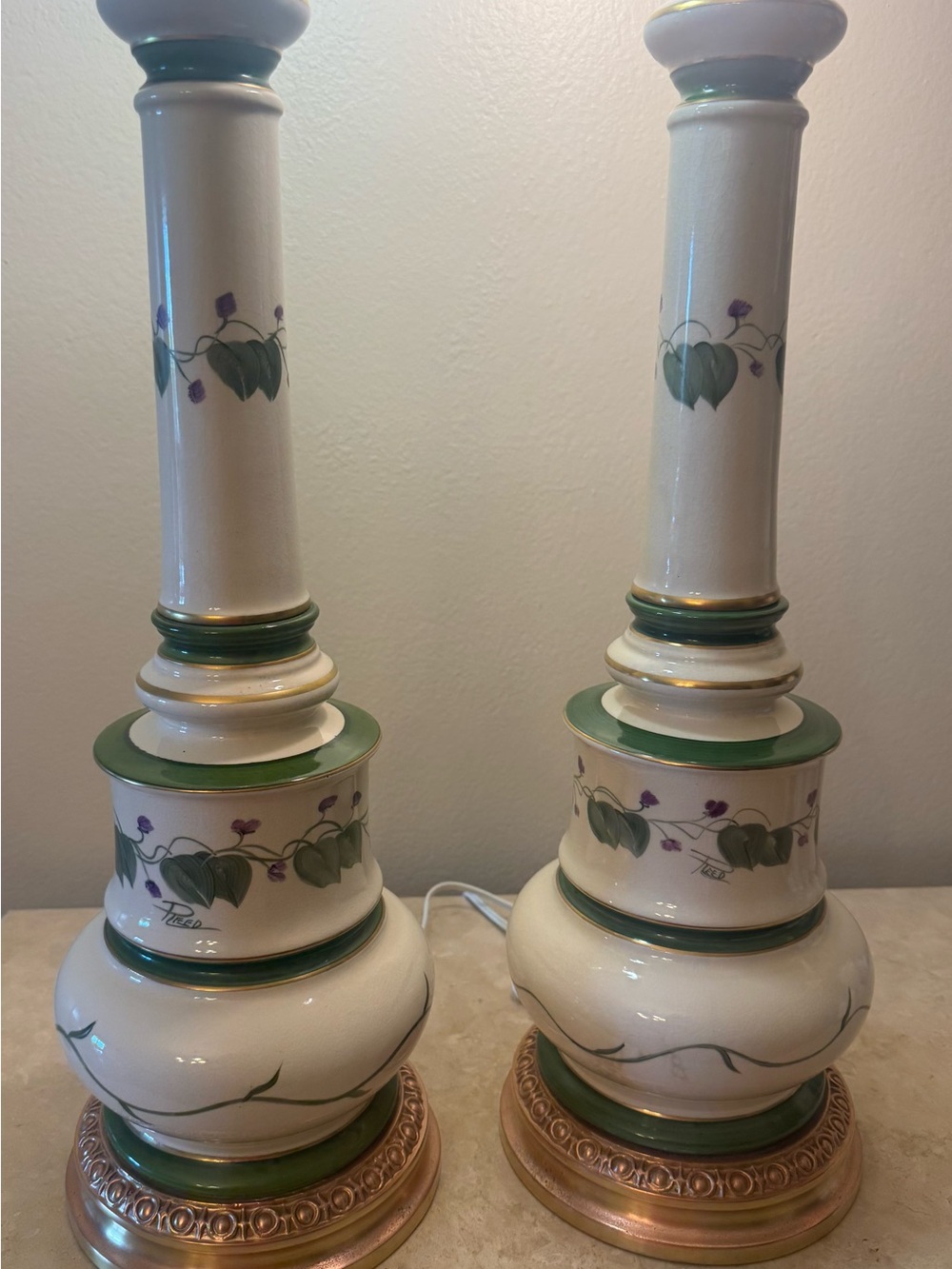 Ceramic Green & White Floral Table Lamps